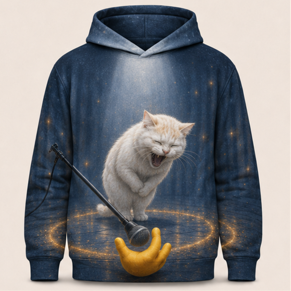 Laughing Cat: Mic Catch — AOP Hoodie — front view