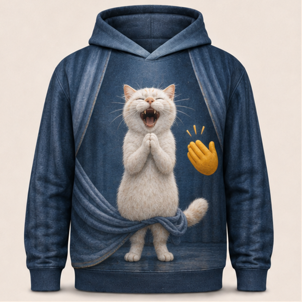 Laughing Cat: Curtain Trouble — AOP Hoodie — front view