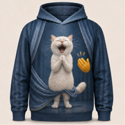 Laughing Cat: Curtain Trouble — AOP Hoodie — front view