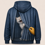 Laughing Cat: Curtain Trouble — AOP Hoodie — true back or opposite-side view