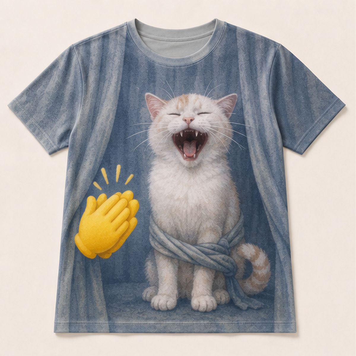 Laughing Cat: Curtain Trouble — AOP T-Shirt — front view