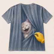 Laughing Cat: Curtain Trouble — AOP T-Shirt — true back or opposite-side view