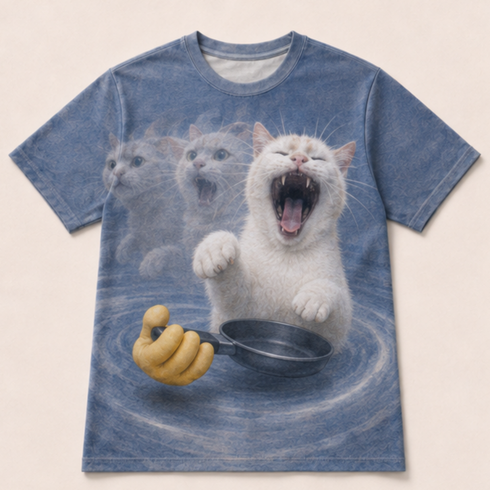 Laughing Cat: Four-Frame Breakdown / Final-Frame Close-Up — AOP T-Shirt — front view