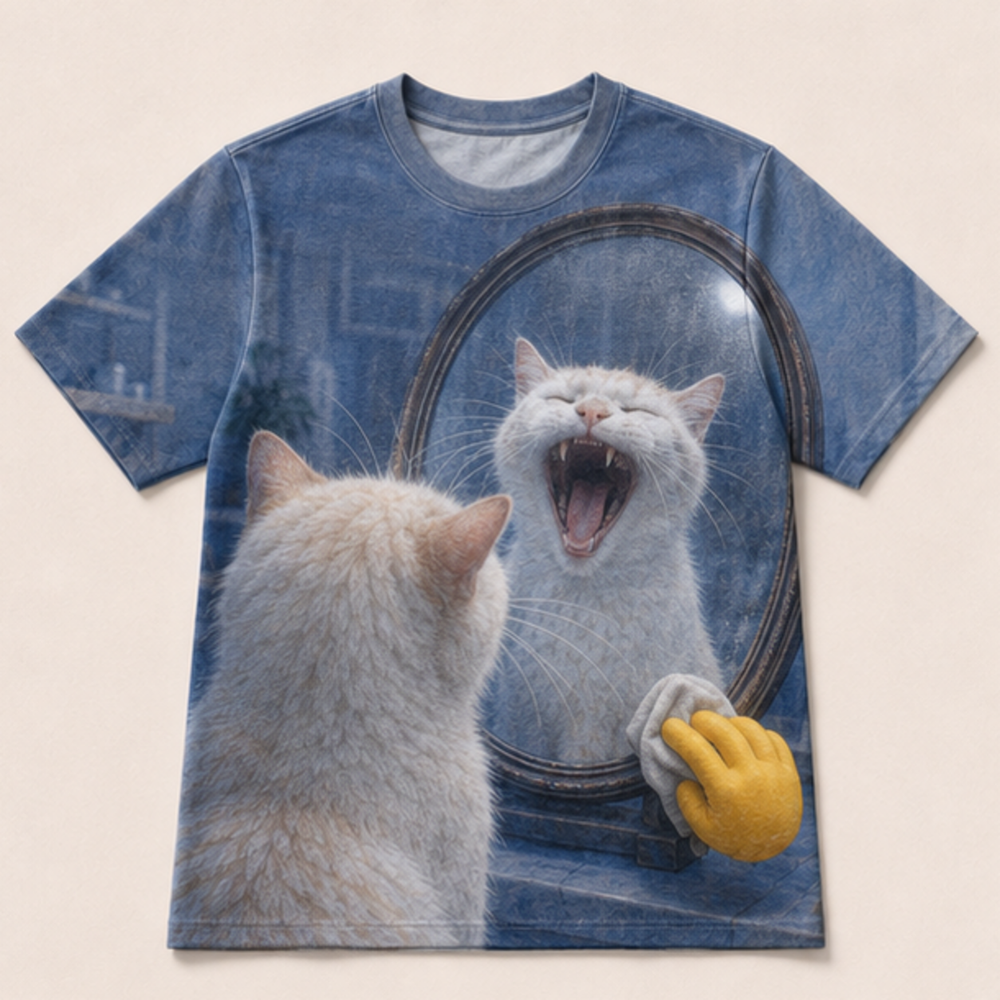 Laughing Cat: Mirror Laughs First / Over-the-Shoulder Reflection — AOP T-Shirt — front view