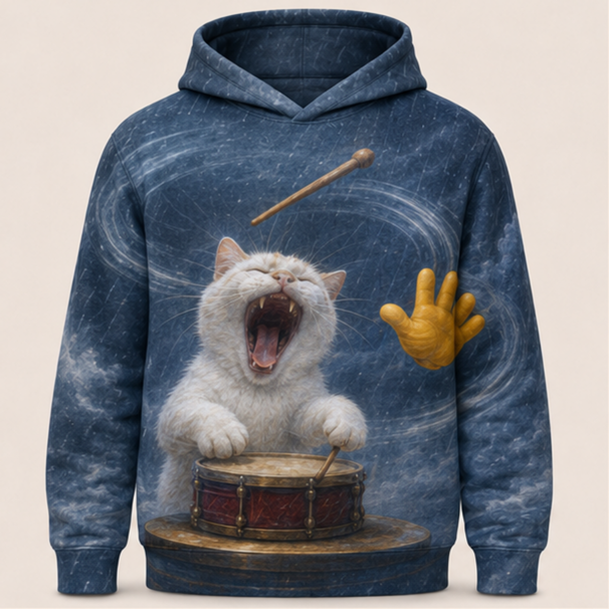 Laughing Cat: Drumroll Disaster — AOP Hoodie — front view