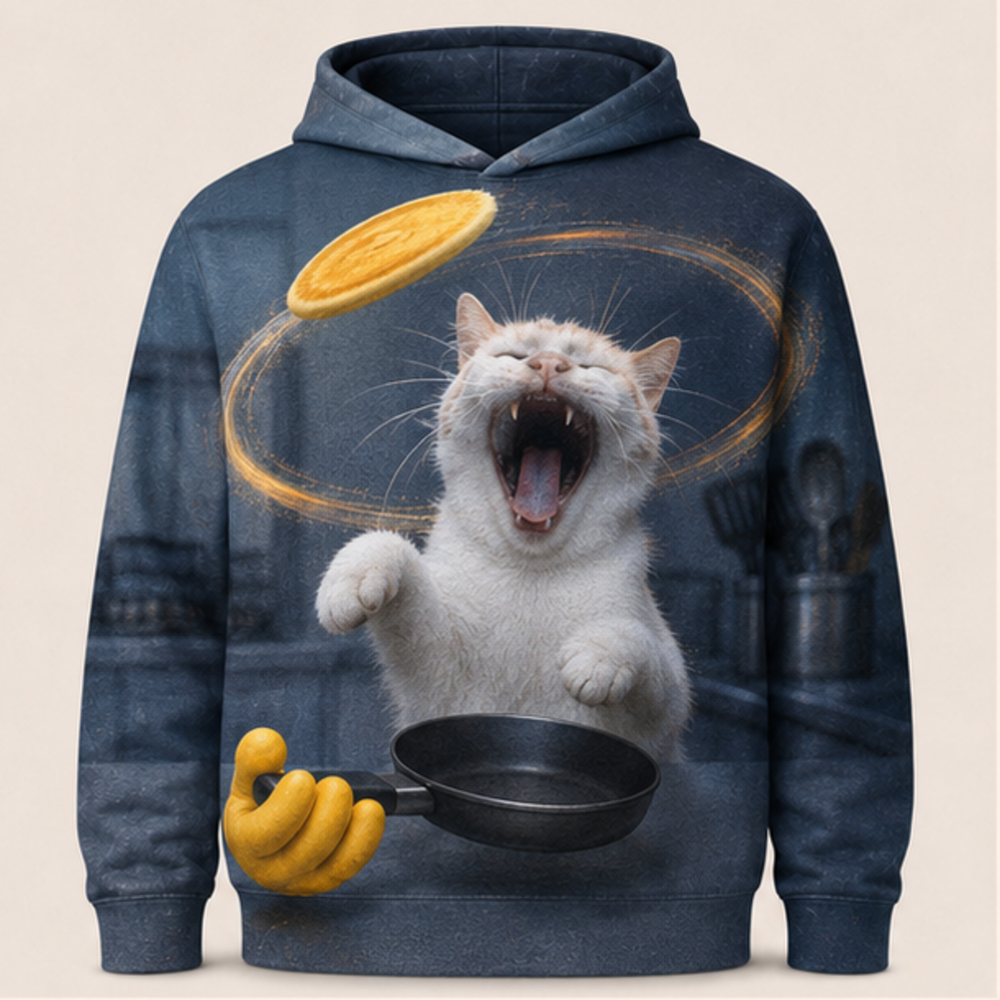 Laughing Cat: Pancake Orbit — AOP Hoodie — front view
