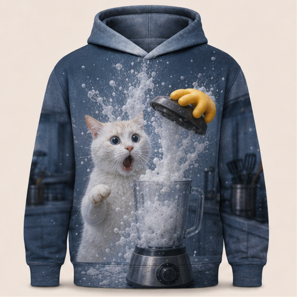 Laughing Cat: Blender Storm — AOP Hoodie — front view
