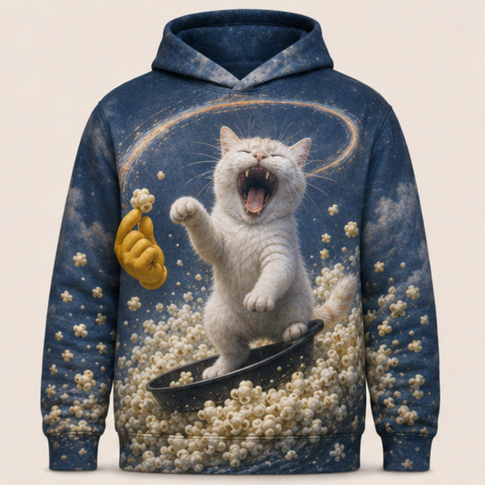 Laughing Cat: Popcorn Wave — AOP Hoodie — front view