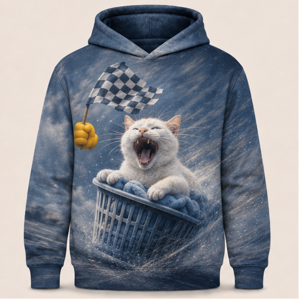 Laughing Cat: Laundry Grand Prix — AOP Hoodie — front view