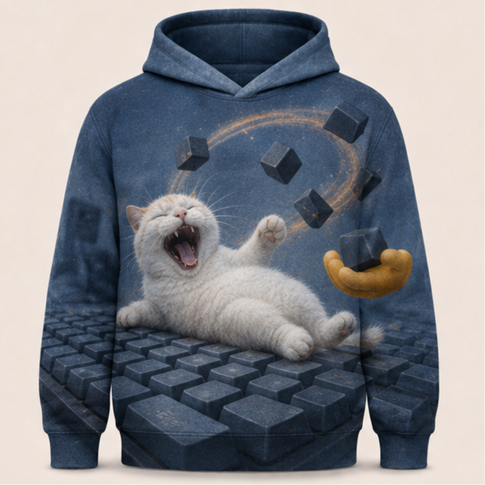 Laughing Cat: Keyboard Takeover — AOP Hoodie — front view