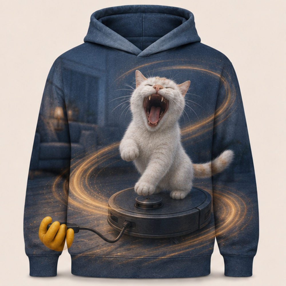 Laughing Cat: Vacuum Rodeo — AOP Hoodie — front view