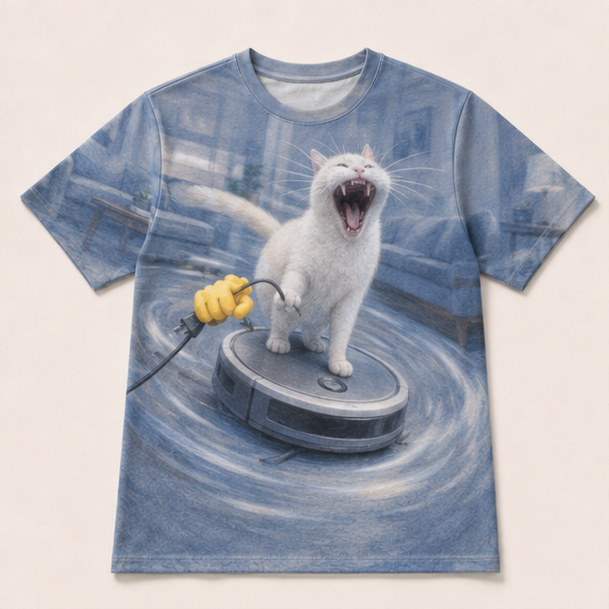 Laughing Cat: Vacuum Rodeo — AOP T-Shirt — front view