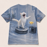 Laughing Cat: Vacuum Rodeo — AOP T-Shirt — true back or opposite-side view