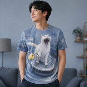 Laughing Cat: Vacuum Rodeo — AOP T-Shirt — lifestyle view