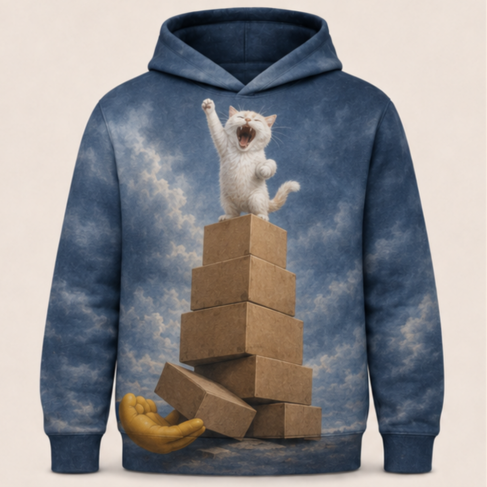 Laughing Cat: Box Stack Victory — AOP Hoodie — front view