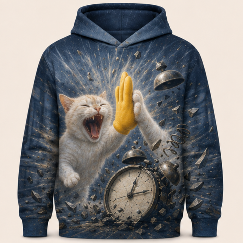 Laughing Cat: Alarm High-Five — AOP Hoodie — front view