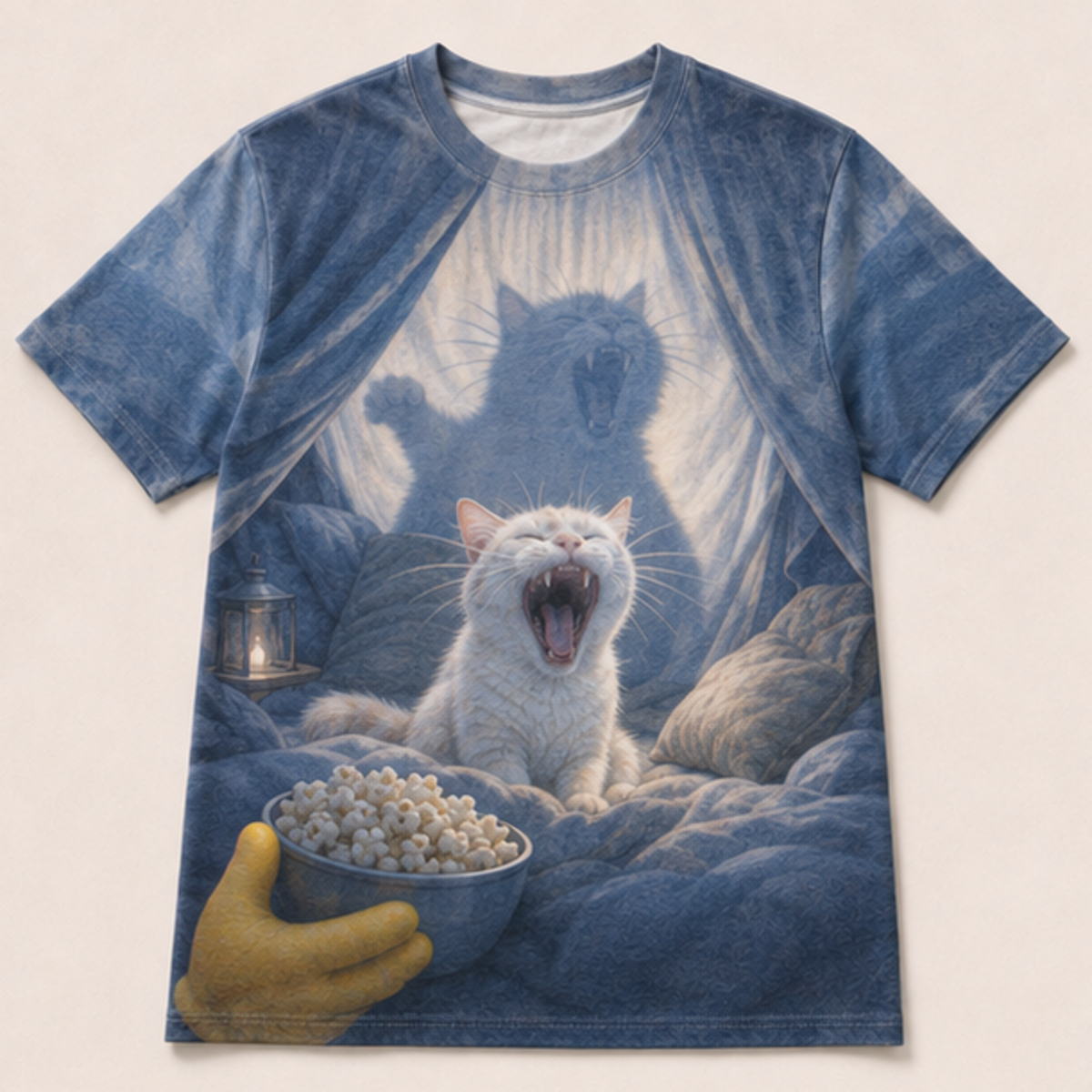 Laughing Cat: Blanket Fort Premiere — AOP T-Shirt — front view