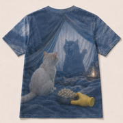 Laughing Cat: Blanket Fort Premiere — AOP T-Shirt — true back or opposite-side view