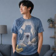 Laughing Cat: Blanket Fort Premiere — AOP T-Shirt — adult lifestyle view