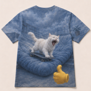 Laughing Cat: Almost an Ollie — AOP T-Shirt — true back or opposite-side view
