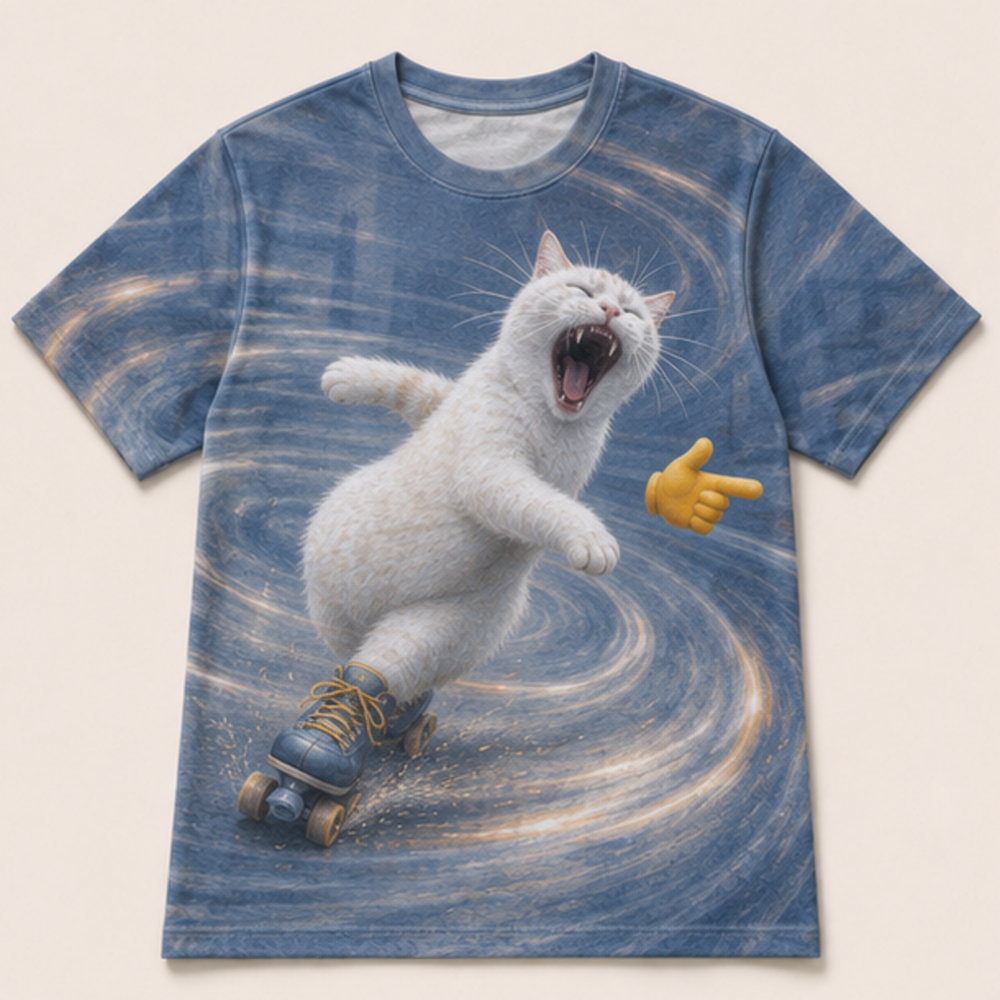 Laughing Cat: Roller Spin — AOP T-Shirt — front view