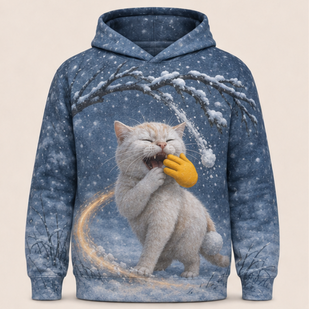 Laughing Cat: Snowball Boomerang — AOP Hoodie — front view