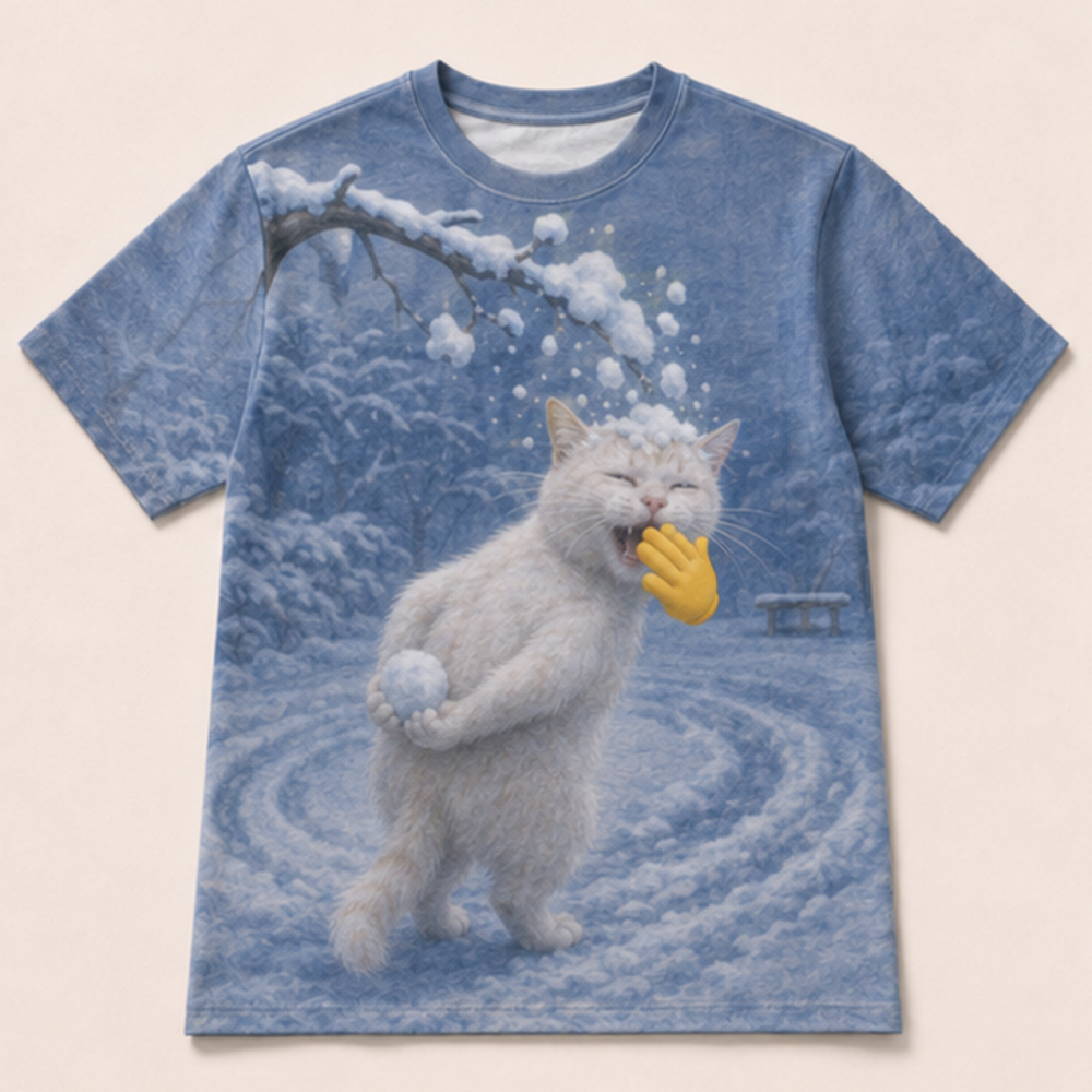 Laughing Cat: Snowball Boomerang — AOP T-Shirt — front view