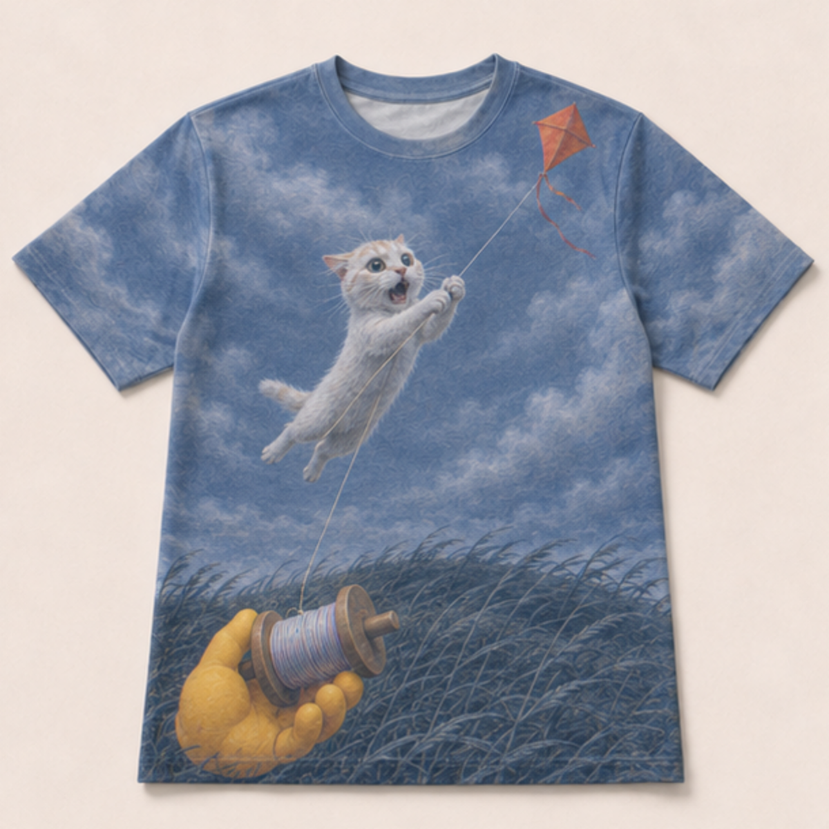 Laughing Cat: Kite Lift / Spool-Level Lift — AOP T-Shirt — front view