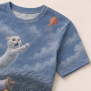 Laughing Cat: Kite Lift / Spool-Level Lift — AOP T-Shirt — print detail