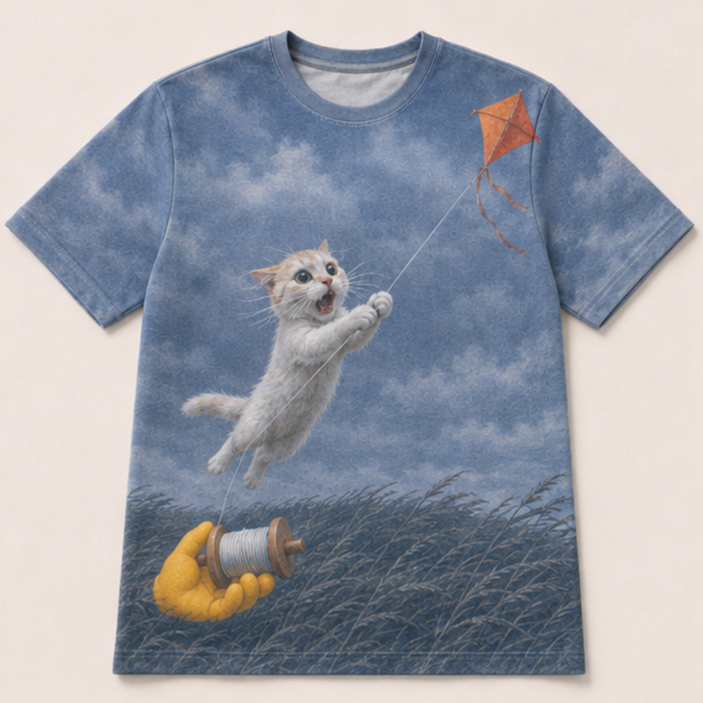 Laughing Cat: Kite Lift — AOP T-Shirt — front view
