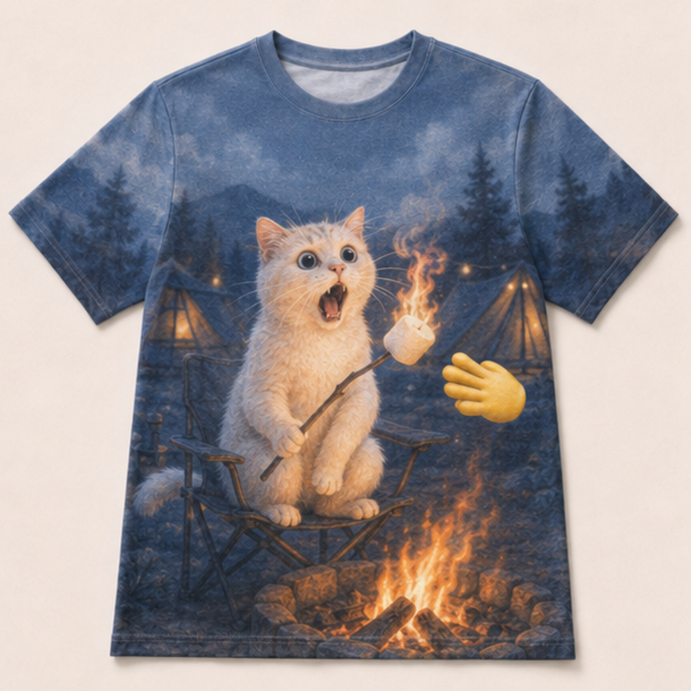 Laughing Cat: Marshmallow Flash — AOP T-Shirt — front view