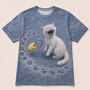 Laughing Cat: Pawprint Detective — AOP T-Shirt — front view