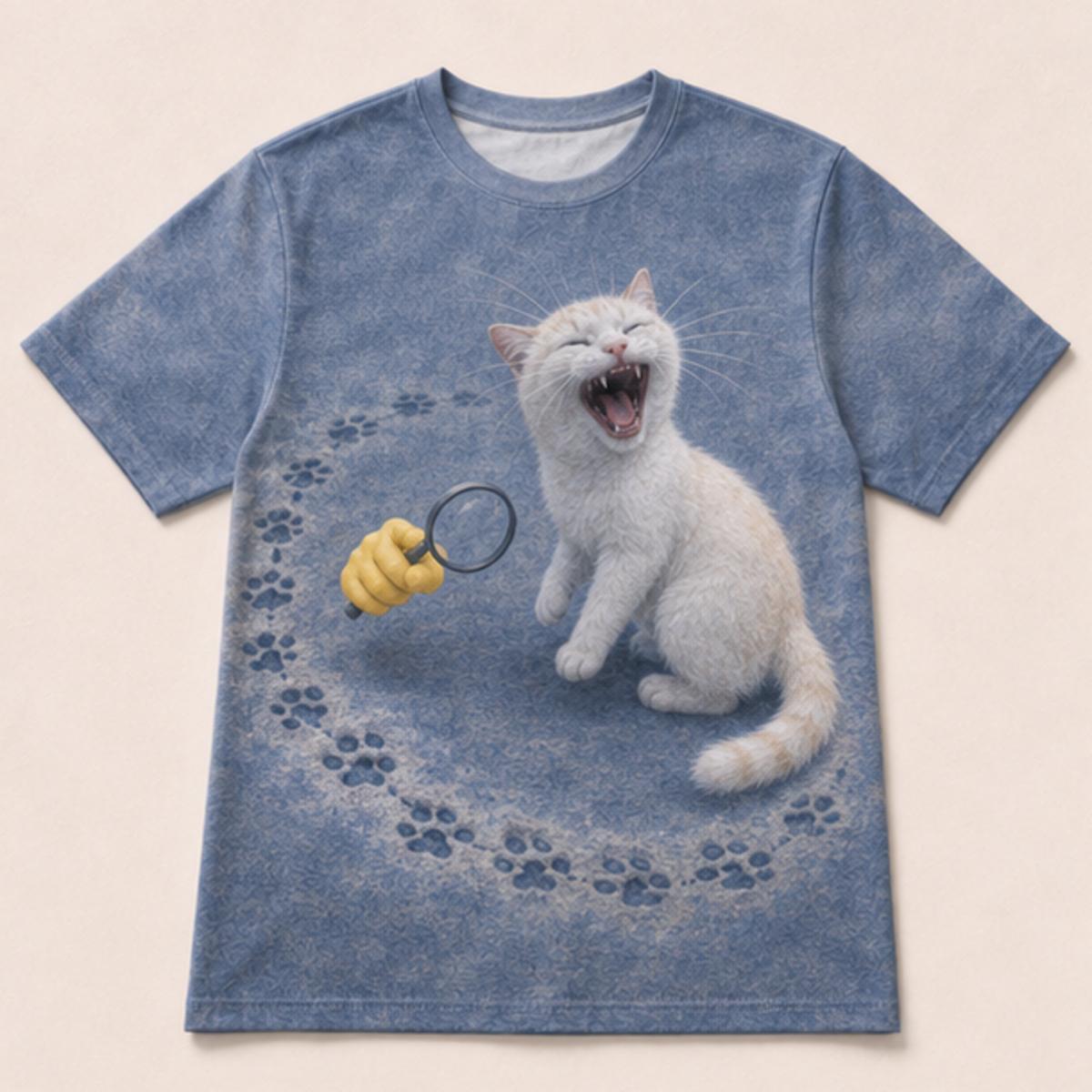 Laughing Cat: Pawprint Detective — AOP T-Shirt — front view