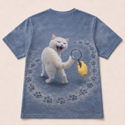 Laughing Cat: Pawprint Detective — AOP T-Shirt — true back or opposite-side view