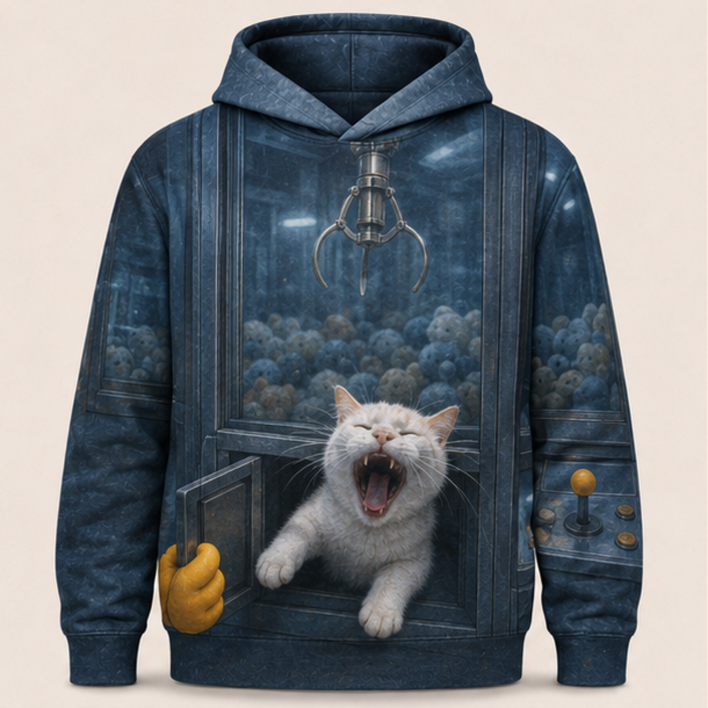 Laughing Cat: Claw Machine Escape — AOP Hoodie — front view