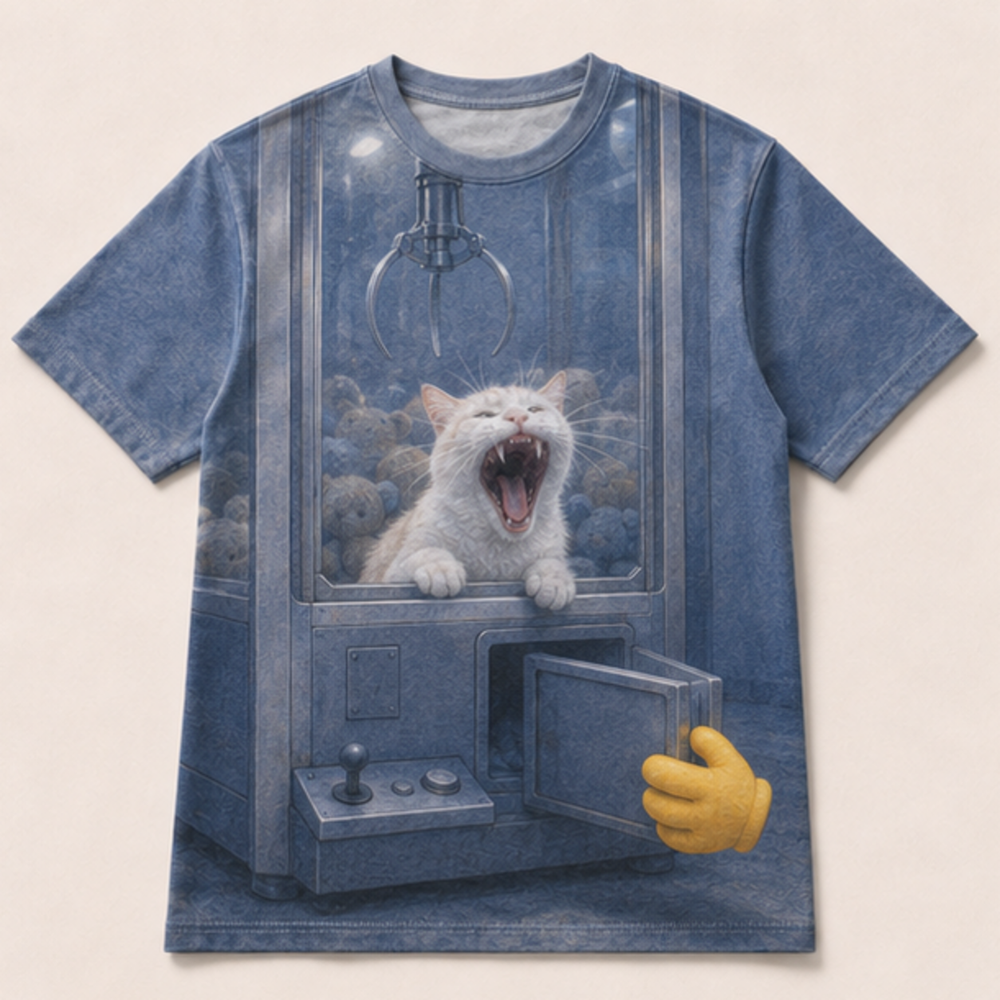 Laughing Cat: Claw Machine Escape — AOP T-Shirt — front view