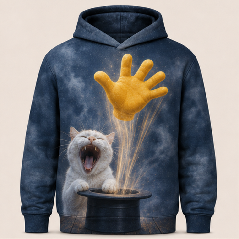 Laughing Cat: Hat Full of Hands — AOP Hoodie — front view