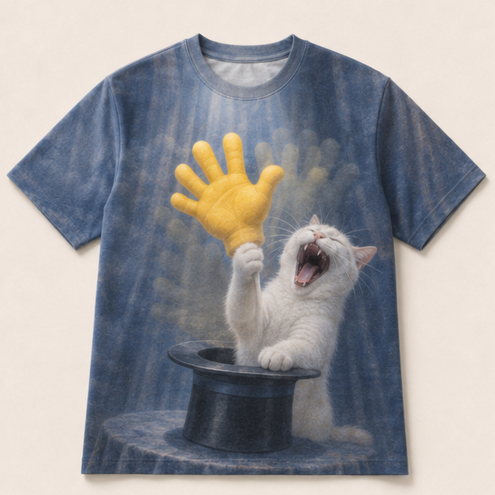 Laughing Cat: Hat Full of Hands — AOP T-Shirt — front view