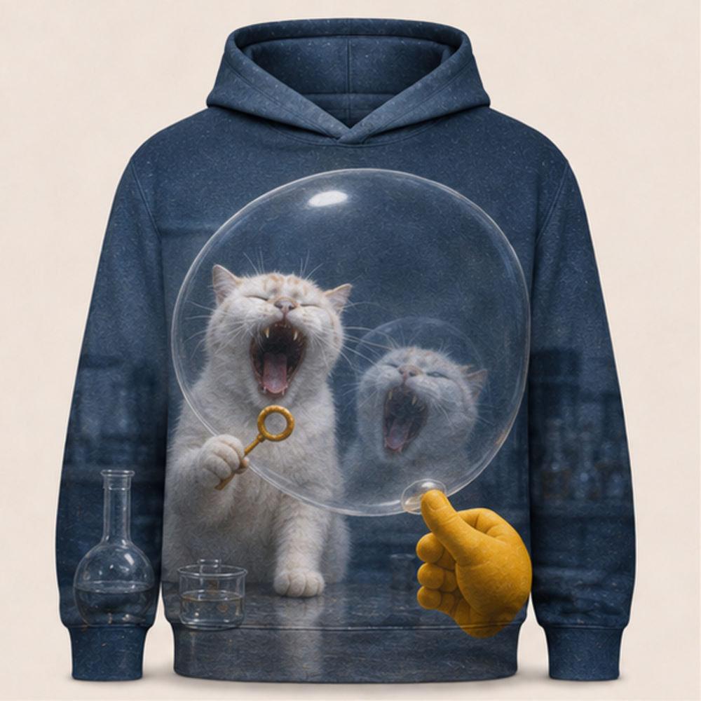 Laughing Cat: Bubble Lab — AOP Hoodie — front view