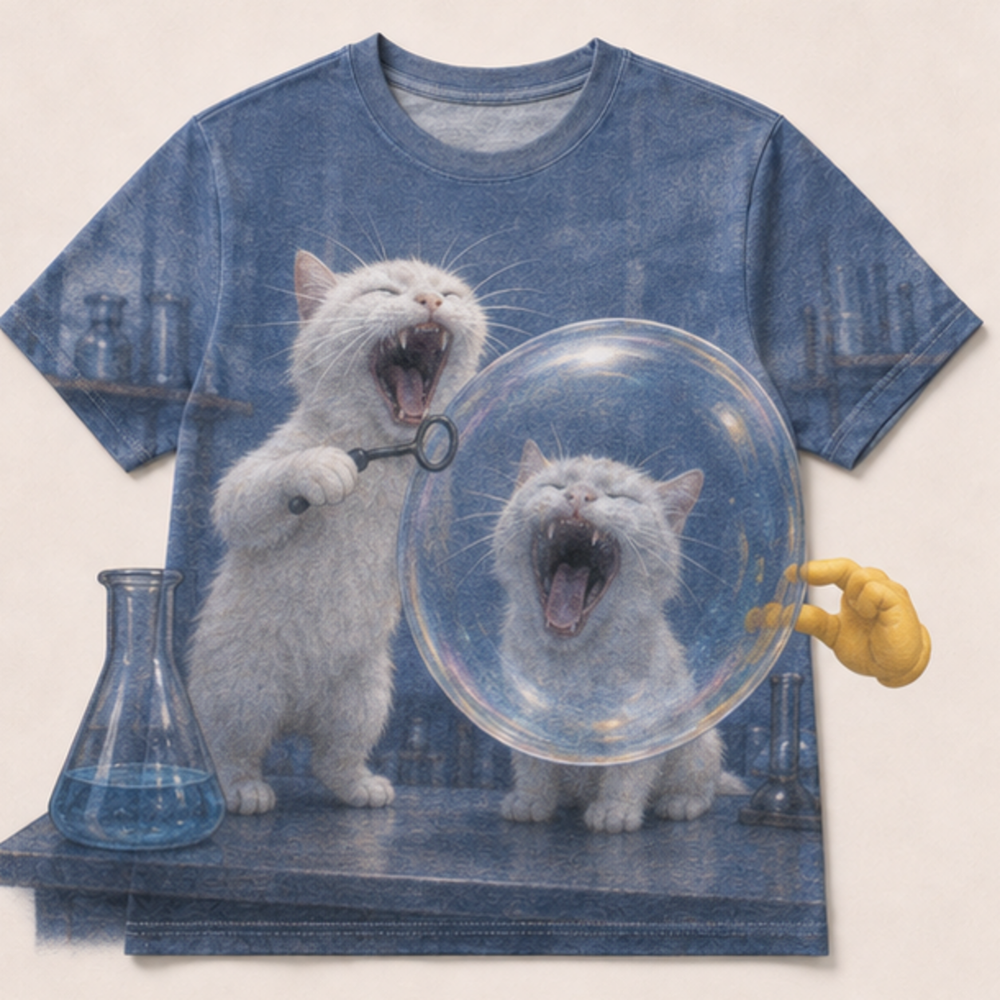 Laughing Cat: Bubble Lab — AOP T-Shirt — front view