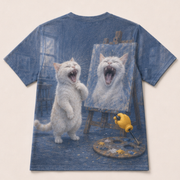 Laughing Cat: Portrait Betrayal — AOP T-Shirt — true back or opposite-side view