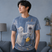 Laughing Cat: Portrait Betrayal — AOP T-Shirt — adult lifestyle view