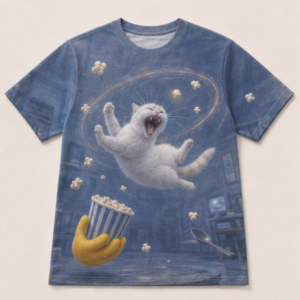 Laughing Cat: Zero-G Snack Chase — AOP T-Shirt — front view