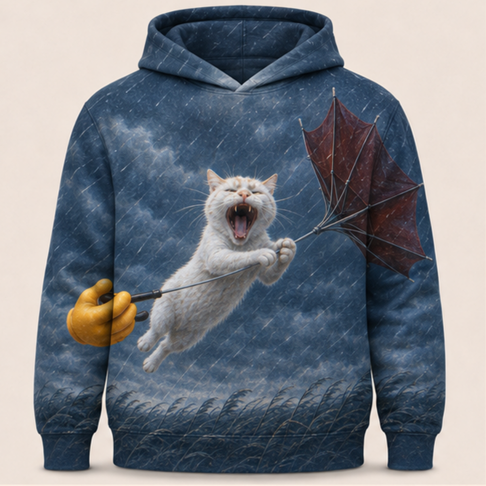 Laughing Cat: Umbrella Inside Out — AOP Hoodie — front view