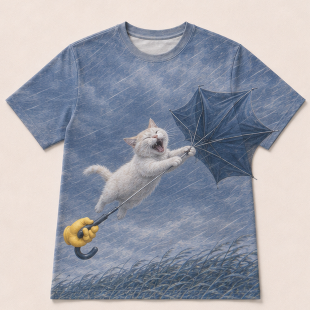 Laughing Cat: Umbrella Inside Out — AOP T-Shirt — front view