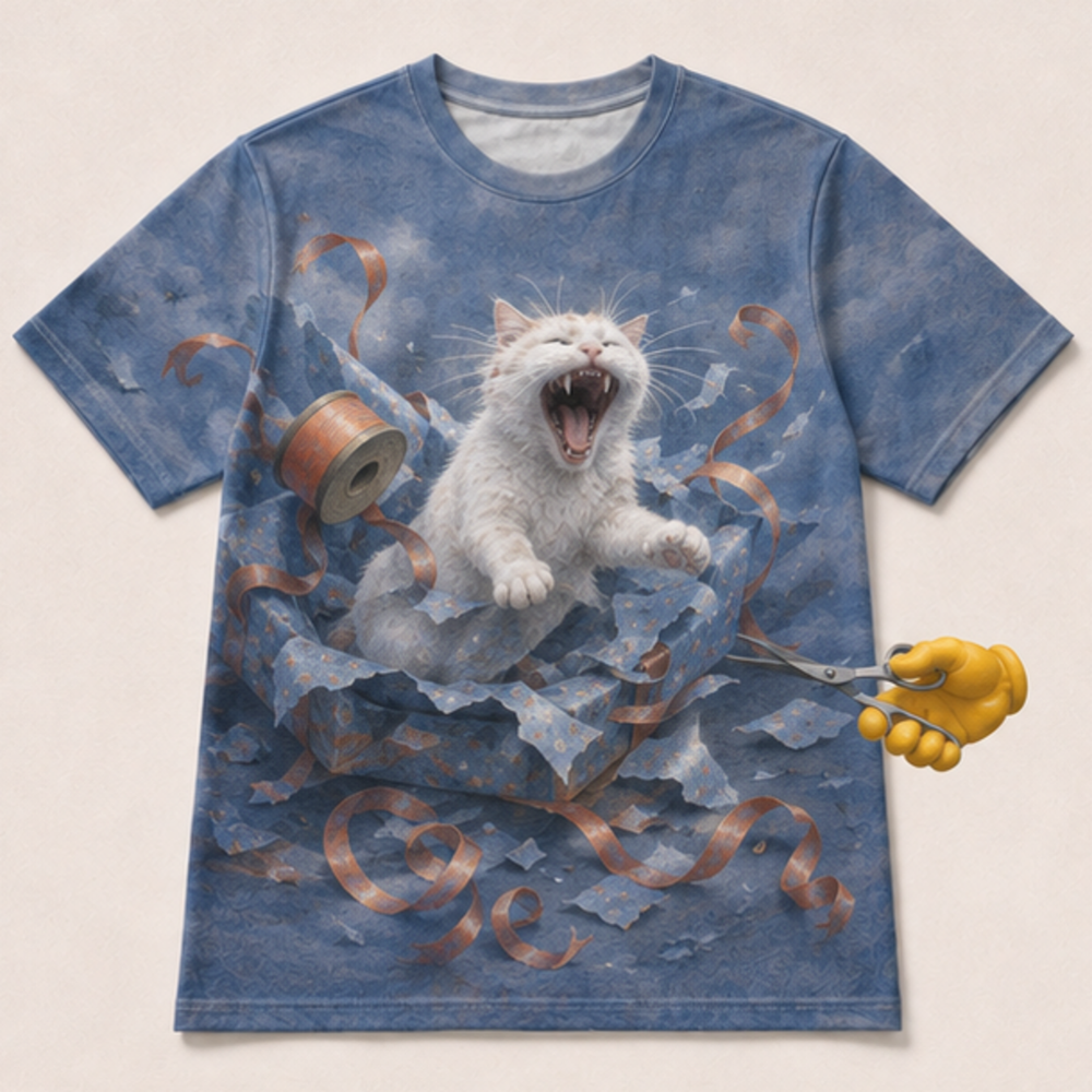 Laughing Cat: Gift Wrap Escape — AOP T-Shirt — front view