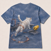 Laughing Cat: Gift Wrap Escape — AOP T-Shirt — true back or opposite-side view
