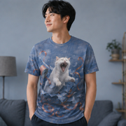 Laughing Cat: Gift Wrap Escape — AOP T-Shirt — adult lifestyle view
