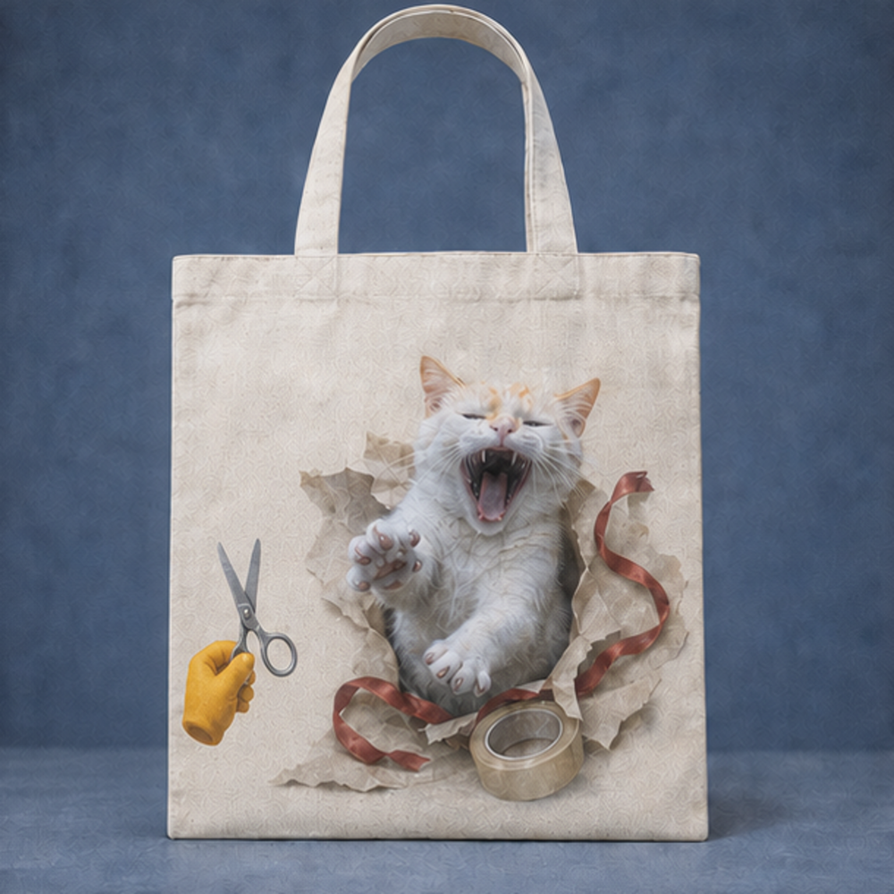 Laughing Cat: Gift Wrap Escape — Canvas Tote Bag — front view