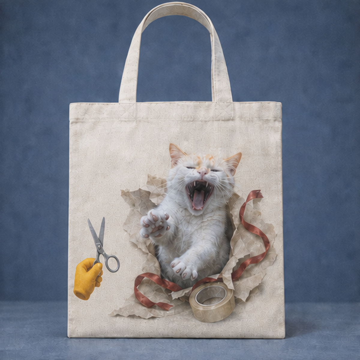 Laughing Cat: Gift Wrap Escape — Canvas Tote Bag — front view